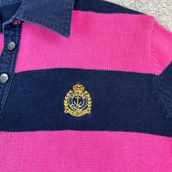 Lauren Ralph Lauren Pink Navy Blue Striped Collared V-Neck Sweater (Sz L) - Picture 7 of 14